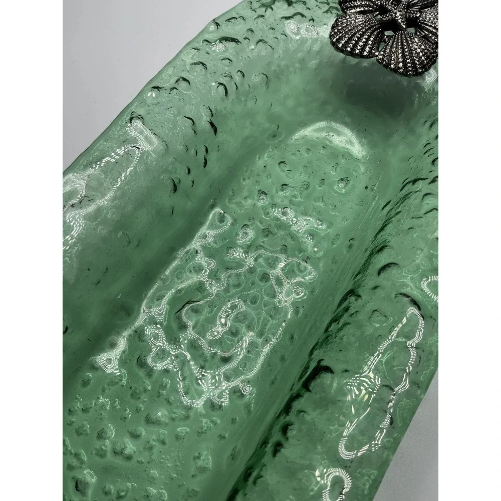 Vintage Green Bubble Oblong Glass Dish w/ Silver Starfish & Clams Emblem